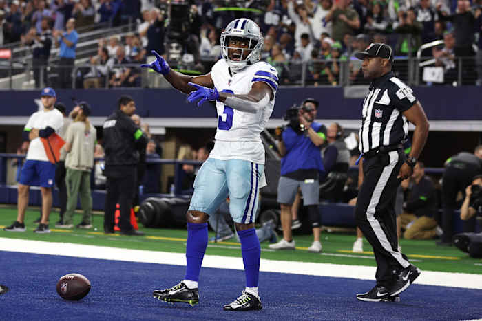 Nov 30, 2023; Arlington, Texas, USA; Dallas Cowboys wide receiver Brandin Cooks (3) celebrates after a two-point conversion catch during the second half against the Seattle Seahawks at AT&T Stadium.